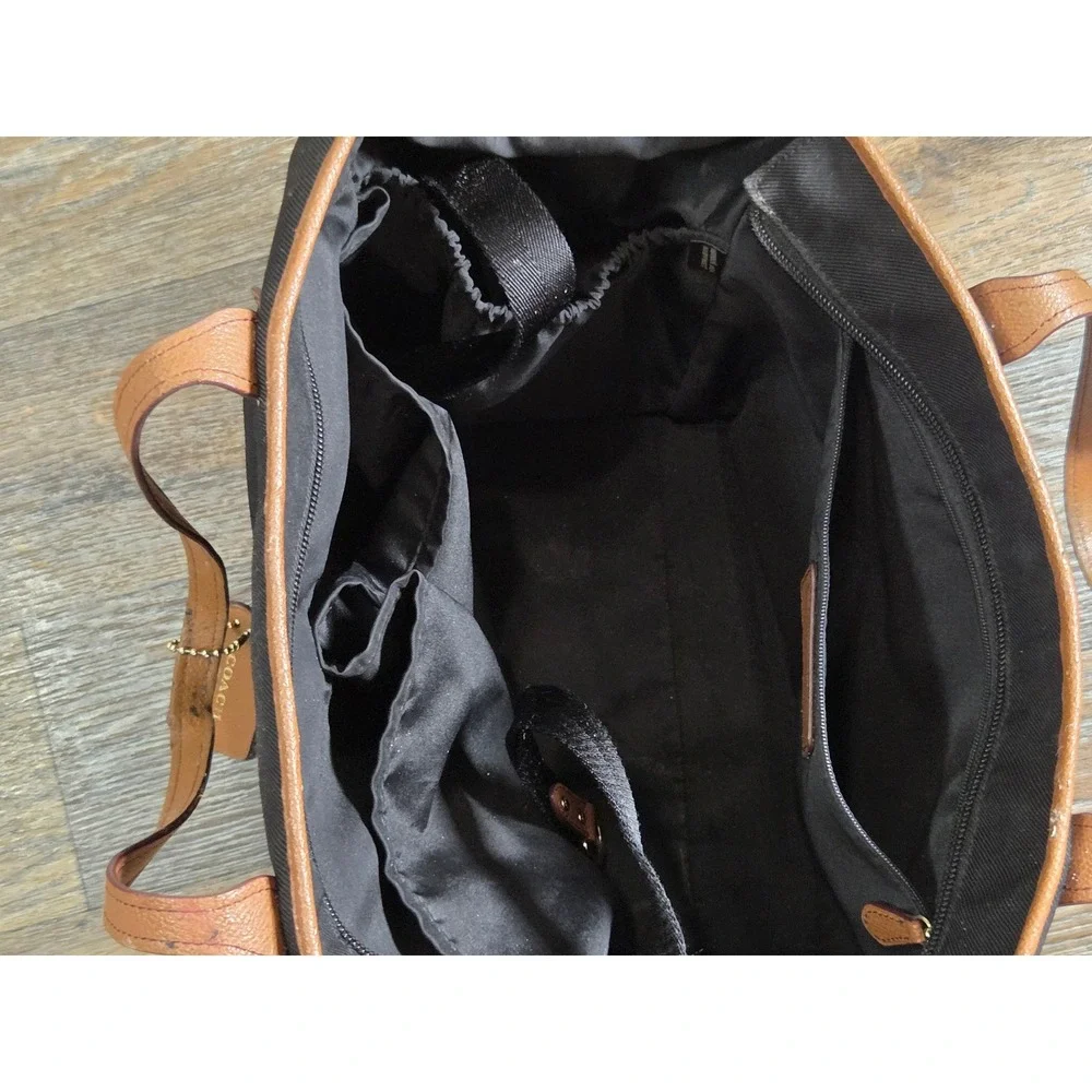 Coach Diaper Bag Tote Black Canvas Tan Leather Trim Gold Hardware F13803